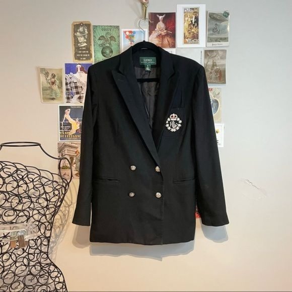 RALPH LAUREN LRL CREST LOGO EMBROIDERED DOUBLE BREASTED WOOL BLAZER BLACK 10 - Picture 4 of 8